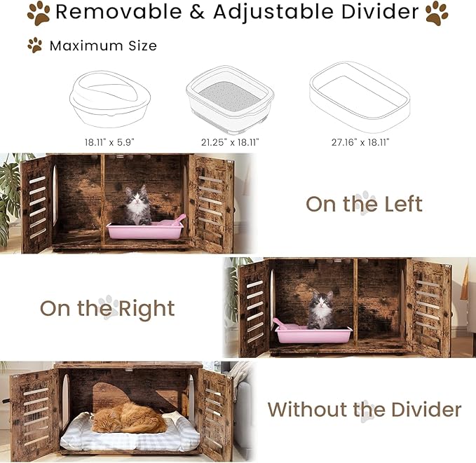 Cat Litter Box Enclosure with Cat Tree Tower 2-in-1 Hidden Pet Washroom Furniture with Scratching Post and Soft Plush Perch Platform Wooden Cat House Divided Condo for Indoor Large Cats Rustic Brown