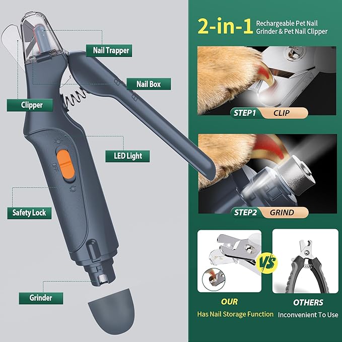 2-in-1 Dog Nail Clippers & Cat Nail Clippers Trimmers for Large Medium Small Dogs Cats Claw Trimmer Quick Sensor and Safety Guard USB Rechargeable with 2 LED Lights Dogs Nail Trimmer