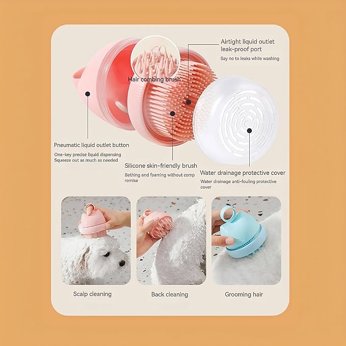 Silicone Cat Bath Brush – Pet Bathing Tool with Integrated Shampoo Dispenser, Soft Massage Brush for Cats & Small Pets, Hygienic and Durable Grooming Solution (Purple)