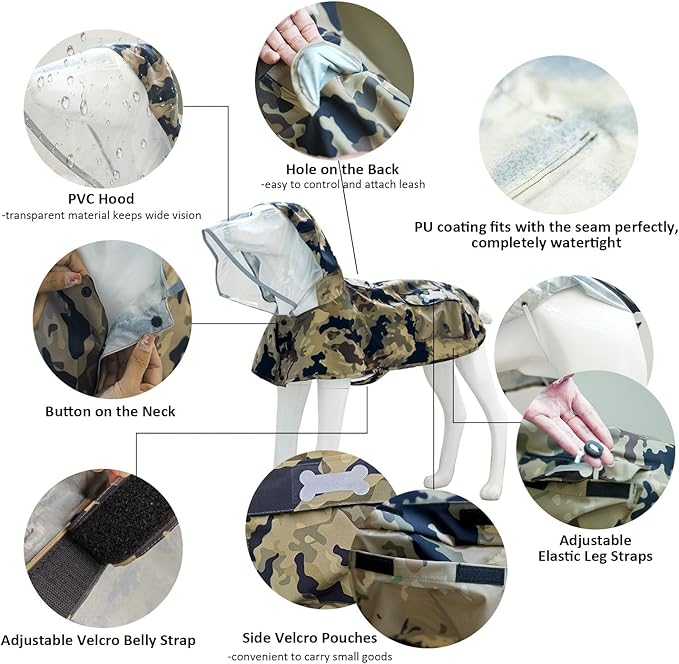 Waterproof Dog Raincoat, Adjustable Reflective Lightweight Pet Rain Clothes with Poncho Hood(X-Large,Camo)