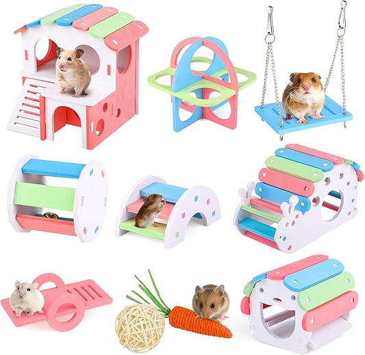MCEAST 10 Pieces Fun Hamster Toys Set Include DIY Wooden Gerbil Hideout Hamster House Rainbow Bridge Seesaw Swing Roller Pet Exercise Chew Play Toys Guinea Pig Cage Accessories for Small Animals