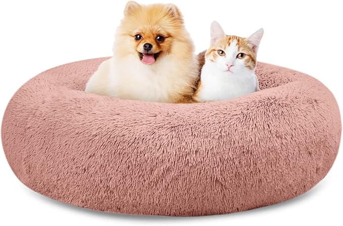 SAVFOX Plush Calming Dog Beds, Donut Dog Bed for Small Dogs, Medium, Large & X-Large, Comfy Cuddler Dog Bed and Cat Bed in Faux Fur, Washable Dog Bed, Multiple Sizes XS-XXL