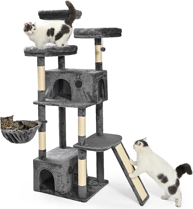 Amazon Basics 68-Inch Large Cat Tree Tower, Multi-Level Activity Center with 2 Large Condos, Multiple Sisal Scratching Posts and Hanging Pompoms, Gray