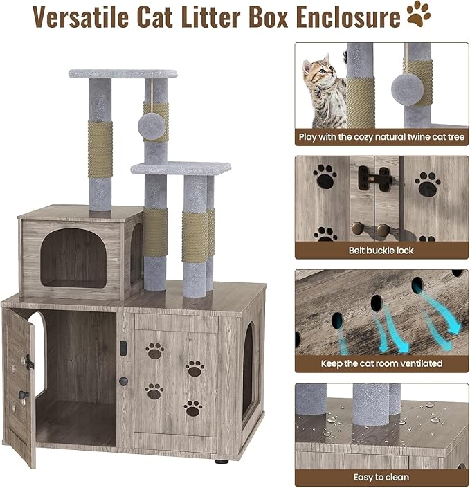 Cat Litter Box Enclosure with Cat Tree Tower 2-in-1 Hidden Pet Washroom Furniture with Scratching Post and Soft Plush Perch Platform Wooden Cat House Divided Condo for Indoor Large Cats Gray