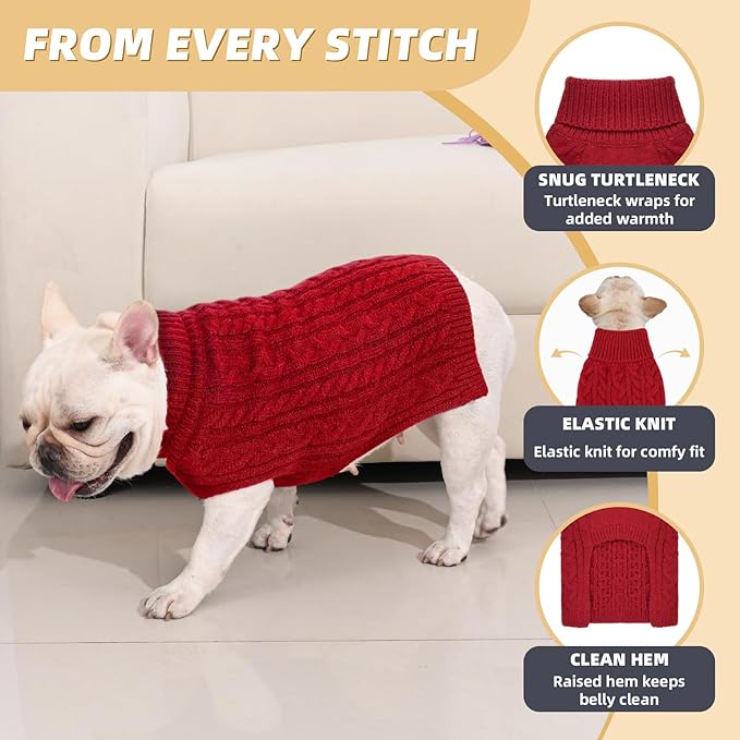 2 Pack Dog Sweaters for Medium Dogs Turtleneck Pullover Cable Knit Stretch Clothes French Bulldog Dachshund Boston Terrier Corgi Beagle Pug Boy Girl Pets Winter Clothes (M, Red & Brown)