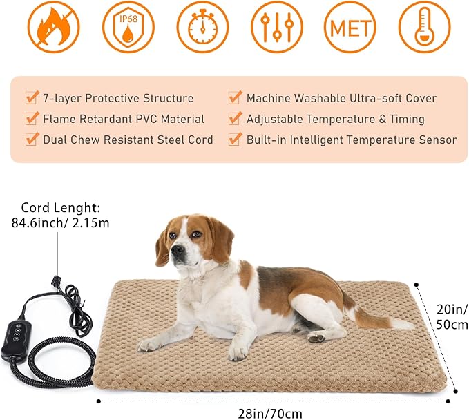 INVENHO Heated Dog Bed, Waterproof Adjustable Temperature Dog Cat Heating Pad with Timer, Indoor Pet Heating Pad for Cats Dogs Electric Pads for Dogs Cats, Pet Heated Pad