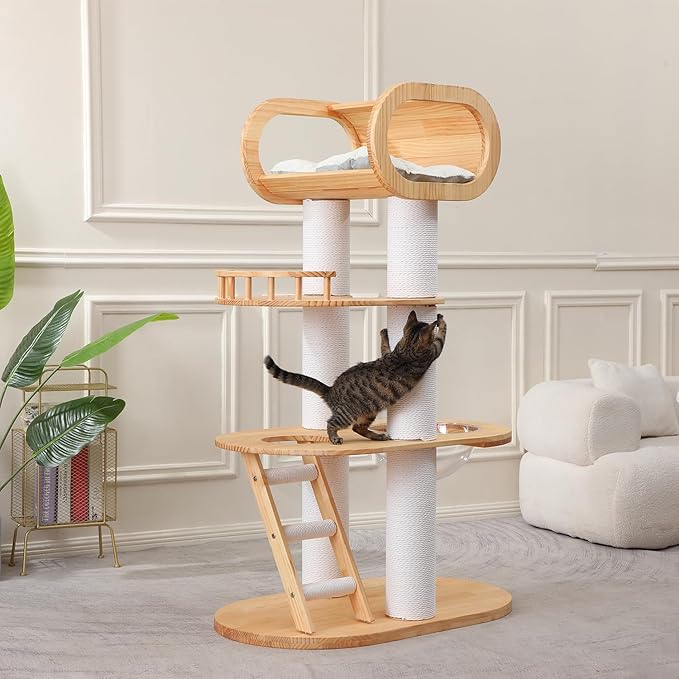 63'' Tall Solid Wood Modern Cat Tree Tower for Indoor Large Cats,Multi-Level Heavy Duty Cat Furniture with Condo Removable Cushion Sisal Scratching Posts Clear Bowl Hammock for Maine Coon