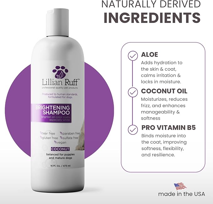 Lillian Ruff PRO Formula Ultra Brightening Dog Shampoo - Professional Whitening & Long-Lasting Odor Eliminator, Remove Stains & Discoloration, Dry Skin & Itch Relief - Aloe & Provitamin B5 16oz+Brush