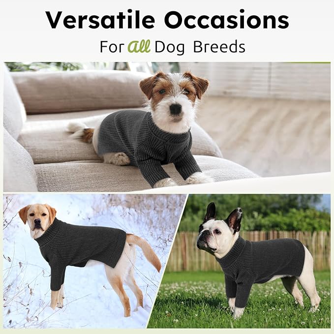Queenmore Dog Sweater, Turtleneck Long Sleeve Knitted Dog Sweater with Check Pattern, Fall Winter Warm Dog Sweaters for Small Medium Large Dogs, Solid Pull-on Pet Sweater for Cats,Charcoal Gray S