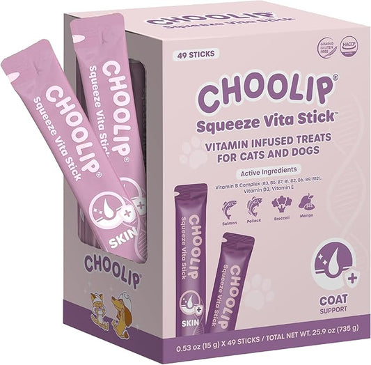 Choolip Squeeze Vita Stick Lickable Cat and Dog Treats – 49-Count Coat Support Sticks with Multivitamins, Soft Squeezable Paste for All Life Stages, Supporting Coat Health