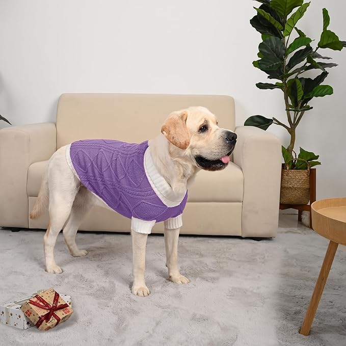 Dog Sweater for Large Dogs Argyle Cable Knit Turtleneck Pullover Winter Clothes Boys Girls Stretch Golden Retriever Labrador Bulldog Pitbull Doberman Pet (XXL, Purple)