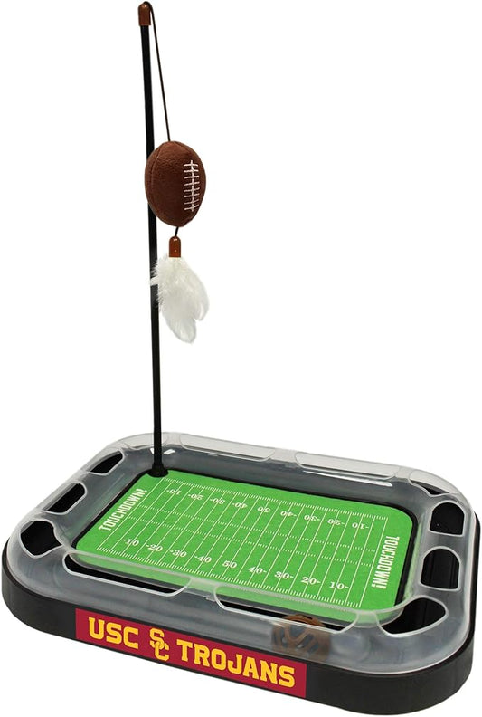 Pets First Cat Scratching Toy NCAA USC Trojans Football Field Cat Scratcher Toy with Interactive Cat Ball Bell in Tracks. 5-in-1 CAT Toy: Cat Wand Poll with Catnip Filled Plush Football & Cat Feathers