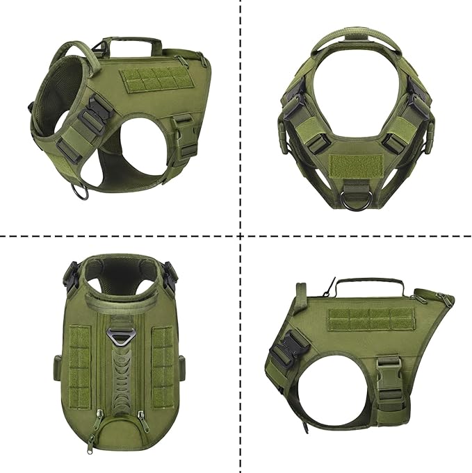 Tactical Dog Backpack Harness for Large Breed Original Design Metal Buckle Vest with Side Bags Pouches for Service Working Training (Green (with 2 Pouches), M)