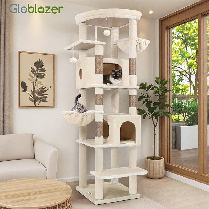 Globlazer Heavy Duty Cat Tree, 74in Sturdy Cat Tower for Large Cats Adult, Big Cat Tree with 5 Sisal Scratching Posts, 2 Padded Condos, 2 Dual-Ear Hanging Baskets, Enlarged Top Perch, S74, Beige