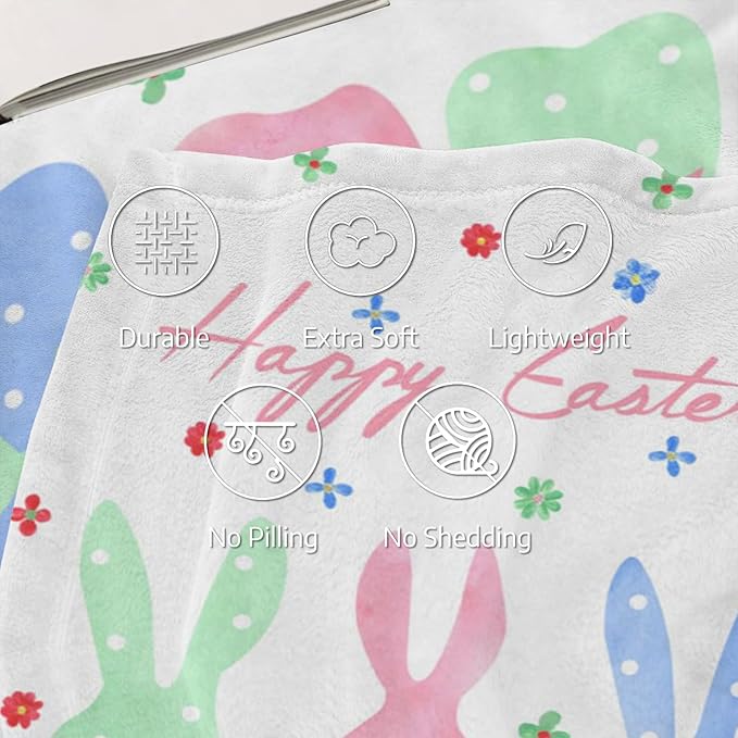 Happy Easter Rabbit Throw Blanket, Bunny Floral Soft Cozy Blankets, Cute Lightweight Flannel Blanket for Easter Decorations, All Season Warm Fleece Blanket for for Couch Bed Sofa 50x60 Inch