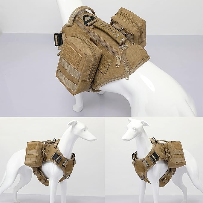 Tactical Dog Backpack Harness for Large Breed Original Design Metal Buckle Vest with Side Bags Pouches for Service Working Training (Khaki (with 2 Pouches), Medium)