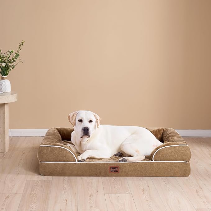 EHEYCIGA Orthopedic Dog Beds for Large Dogs, Waterproof Memory Foam Large Dog Bed with Sides, Non-Slip Bottom and Egg-Crate Foam Pet Couch Bed with Washable Removable Cover, Camel