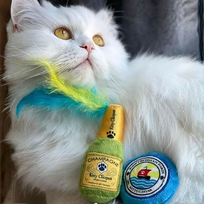 Clicquot Champagne & Caviar + Kitty Cocktails Apawrol Spritz & Cattini Set, Plush Cat Toys Catnip Filled with Interactive Crackle Sound, Safe, Durable Toys for Cat & Kitten, 4 Pcs