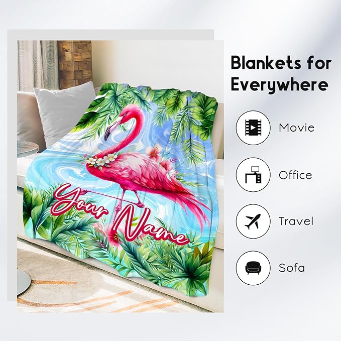 Girls Blanket Personalized Flamingo Blankets Gifts - Flannel Soft Throws for Room Decor/Couch/Sofa - 4 Sizes