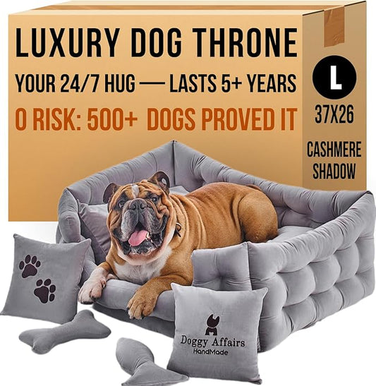 Luxury Dog Bed Chesterfield – Handcrafted Velvet Throne for Dogs | Joint Support, Calming & Temp-Regulating Comfort | Durable 5+ Years, Anti-Claw, Washable 100+ Times – L, Gray