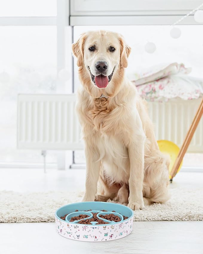 Slow Feeder Dog Bowl, Ceramic Dog Bowls 1.5 Cups Interactive Puzzle Feeder for Fast Eaters, Prevent Bloat & Choking, for Small Medium Large Dogs, Blue