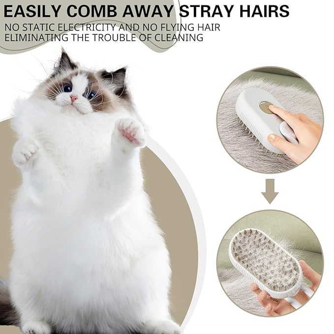 Steamy Pet Brush - Convenient Hair Removal, Easy Collection, Massage Function - Ideal Steam Brush for Cats! (White)