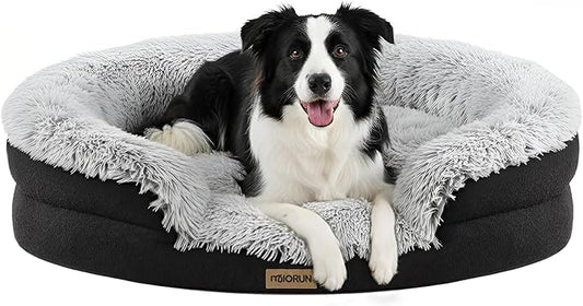 Fluffy Orthopedic Dog Bed for Medium & Large Dogs, Calming Plush Sofa Bed with Curved Bolster Support and Egg-Crate Foam Base, 43" Cozy Oval Pet Donut Bed with Washable Cover, Gray