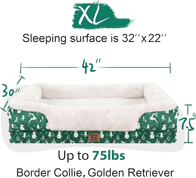 Christmas Washable Orthopedic Large Dog Bed - Removable Orthopedic Foam Pet Couches with Bolsters Waterproof Large Dog Bed and Non-Slip Bottom Extra Large Pet Sofa - Green