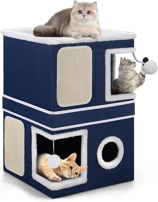 Shikha 2-Storey Cat Houses for Indoor Cats, Dual-Purpose Double Large Cat Beds Cave with Hideaway Condos, Scratch Pads, Fluffy Balls, Foldable Indoor Cat Cube House for Multi Small Pets Kitten, Blue