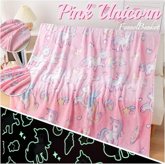 Best Gift Halloween Unicorns Gifts Glow in The Dark Blanket Unicorns Gifts for Girls,Toys for 2 3 4 5 6 7 8 9 10 Year Old Girl Gifts,Soft Kids Blankets for Birthday Valentines Best Gifts,50"x60" Pink
