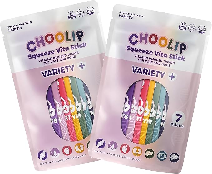 Choolip 2-Pack | Squeeze Vita Stick Lickable Treats for Dogs & Cats. 7 Variety Support Sticks with Essential multivitamins. Soft and Tasty Paste for All Life Stages
