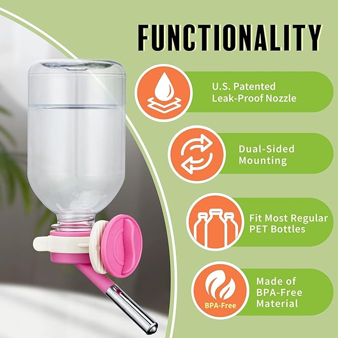 Choco Nose Patented No-Drip Water Bottle/Feeder for Guinea Pigs/Hamsters/Bunnies/Ferrets/Other Small Pets, Critters and Animals -for Cages, Crates or Wall Mount. 10.2 oz. Nozzle 10mm, Pink (C128)
