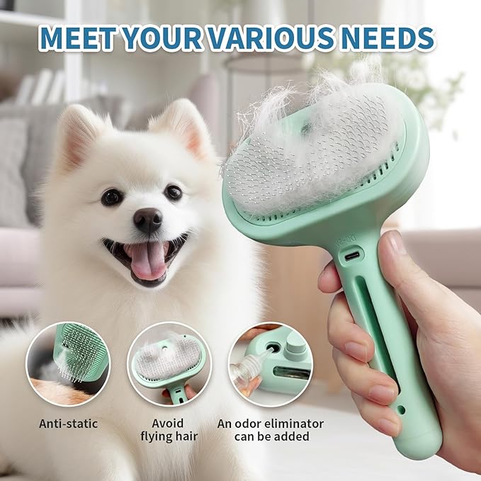 Steam Pet Brush for Shedding, 3 In 1 Self Cleaning Anti-Static Steamy Hair Brush, Reduces Loose Hair and Shedding for Long and Short Hair Pets Grooming, Green