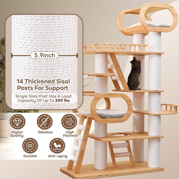 Wood Cat Tree,77'' Modern Cat Trees for Indoor Cats Large Adult,Mult-Level Large Cat Tower with Sisal Scratching Posts,Top Bed,Clear Hammock,Toy,Heavy Duty Sturdy Cat Condo for Cats