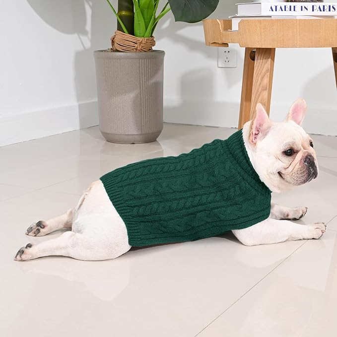 2 Pack Dog Sweaters for Medium Dogs Turtleneck Pullover Cable Knit Stretch Clothes French Bulldog Dachshund Boston Terrier Corgi Beagle Pug Boy Girl Pets Winter Clothes (L, Green & Brown)