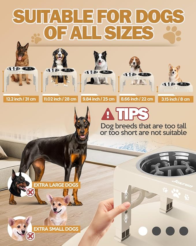 Elevated Dog Bowls, Dog Feeder with 2 Stainless Steel Dishes &1 Slow Feeder Bowl, 5 Heights Adjustable Raised Stand for Medium Large, Food Dishes with Non-Slip Feet
