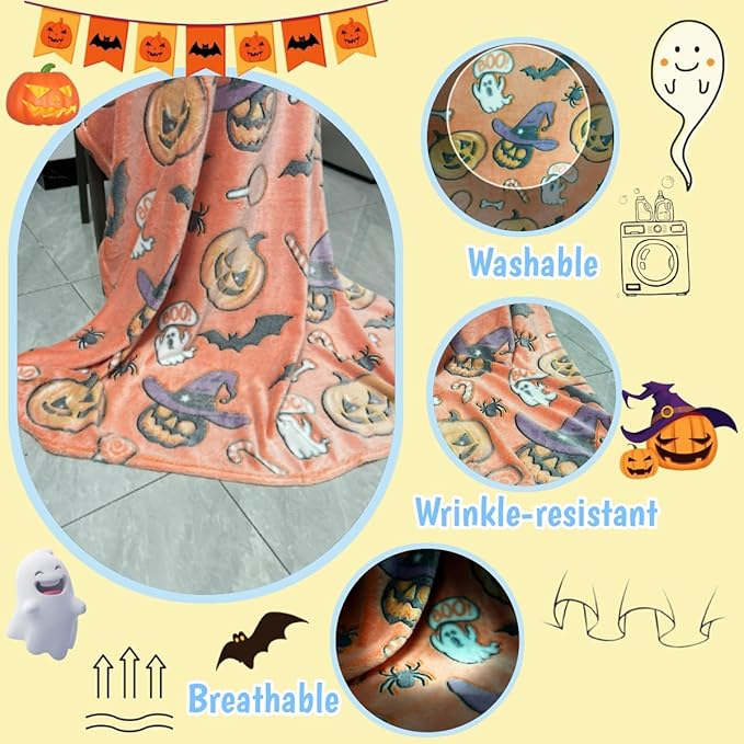 Cute Halloween Pumpkin Blanket for Kids/Teens/Women/Men, Glow in The Dark Throw Blankets Soft Plush Fleece, Spooky Blanket for Boy/Girls/Toddler, Day Care Home Travel Use, 60"*50", Orange