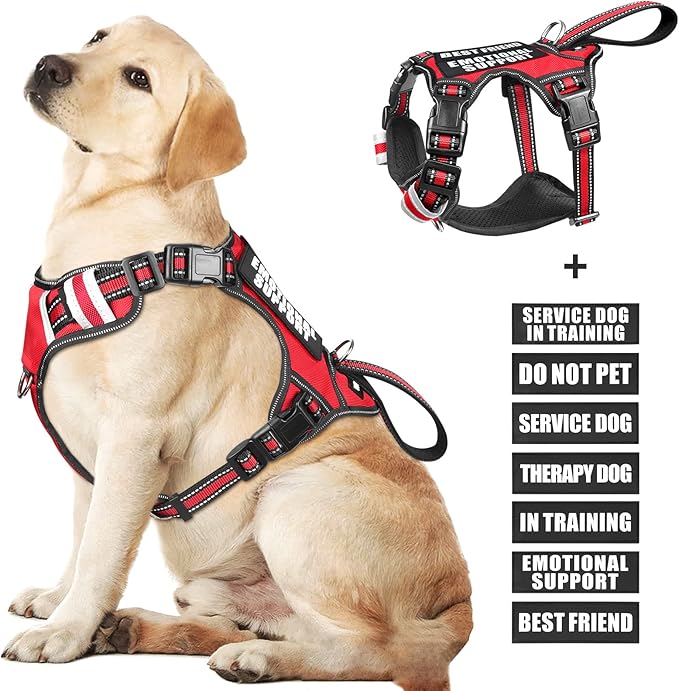 WINSEE Service Dog Vest No Pull Dog Harness with 7 Dog Patches, Reflective Pet Harness with Durable Soft Padded Handle for Training Small, Medium, Large, and Extra-Large Dogs