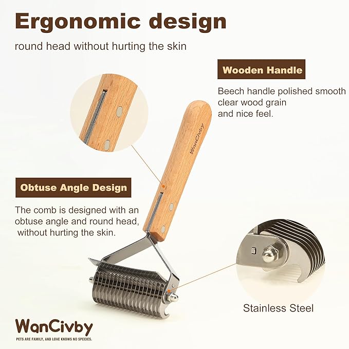 3-in-1Dematting & Deshedding Comb Undercoat Rake for Cats& Dogs,Detangling Matted Fur & Hair Remover Tool Pet Grooming Rake for Shedding and Dematting,Ergonomic beech wood handle (Square Handle)