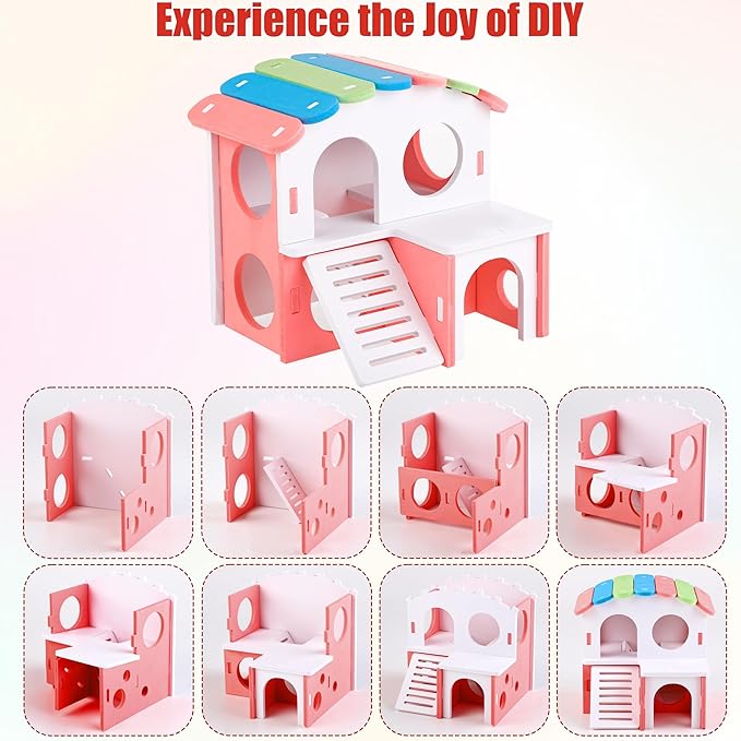 MCEAST 10 Pieces Fun Hamster Toys Set Include DIY Wooden Gerbil Hideout Hamster House Rainbow Bridge Seesaw Swing Roller Pet Exercise Chew Play Toys Guinea Pig Cage Accessories for Small Animals