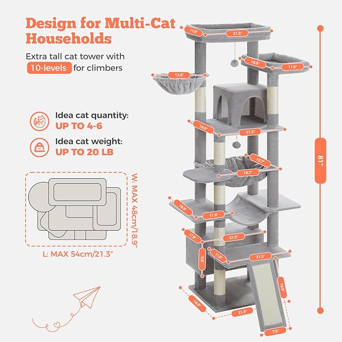 81 Inches Tall Cat Tree for Indoor Cats Large Adult - Multi-Level Cat Tower with Large Metal Frame Hammock, 2-in-1 Scratching Ramp, 2 Top Perches, 2 Cozy Condos & 6 Scratching Posts - Grey
