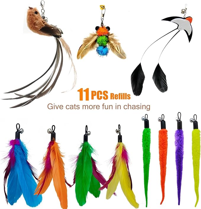 Interactive Cat Wand Toy Set β 2 Retractable Wands (38" & 50") with 11 Refills Attachments β Feather Toys, Plush Bird, Worms, Insect & Swallow β Cat Teaser Toys for Indoor Cats & Kittens