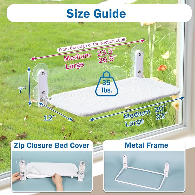 Zakkart 2PC Easy Fold Cat Window Perch - Cordless, Fold-Up, Zip Closure Embeded Machine Washable Bed Cover, Robust Metal Frame - Cat Hammock for Window for Large Cats and Kittens(White, Large, 2PC)