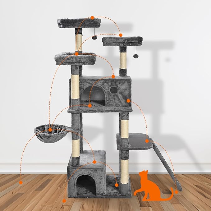 Amazon Basics 68-Inch Large Cat Tree Tower, Multi-Level Activity Center with 2 Large Condos, Multiple Sisal Scratching Posts and Hanging Pompoms, Gray