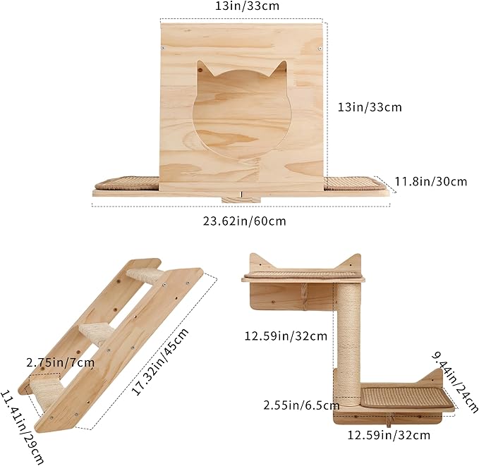 A Cat Wall Shelves Set – 5PCS Extra-Large Mounted Cat Furniture with 2 Wide Platforms, Sisal Scratch Post, Solid Wood Climbing System for Large Indoor Cats