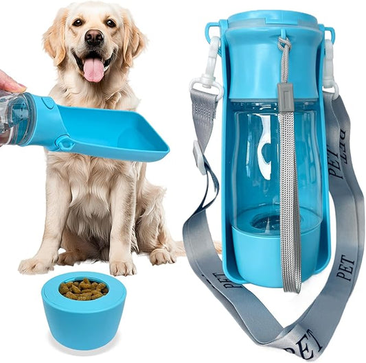 Portable Dog Water Bottle - 2-in-1 Dog Travel Water Bottle with Food Container & Bowl Dispenser, Leak-Proof, Lightweight, Ideal for Dog, Cat Walking, Hiking, Travel - 8 oz, Blue
