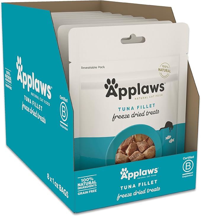 Applaws Natural Freeze-Dried Cat Treats, Single-Ingredient, High Protein, Grain-Free, Healthy Snack for Cats, Natural Cat Food Topper, Tuna Fillet (8 x 1.0oz Bags)