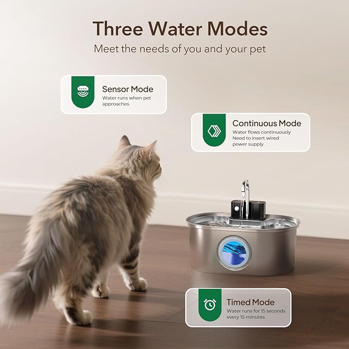 Stainless Steel Cat Water Fountain 108oz/3.2L:Battery Operated Wireless Cat Fountains for Drinking Indoor, Automatic Pet Water Dispenser with Ultra Quiet Pump,Multi-Filtration,Easy Clean BPA-Free