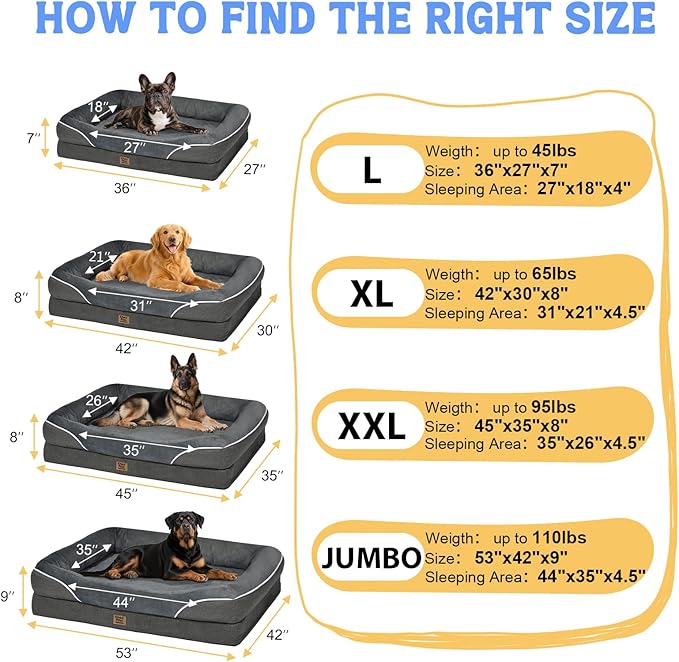 Washable Orthopedic Large Dog Bed - Dog Beds Large Sized Dogs with Removable Cover Waterproof Pet Bed with Bolster for Extra Large Pet