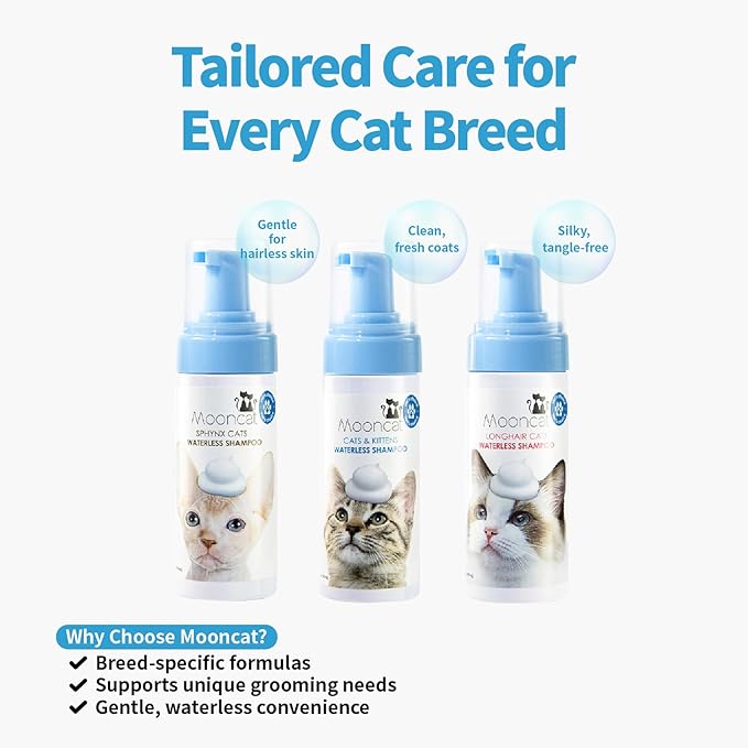 Mooncat Waterless Cat Shampoo, 100% Licking Safe & Vet Approved No Rinse Dry Bath Foam - Gentle Deodorizer for Short Haired Cats, Seniors & Kittens - Soothes Sensitive Skin, Reduces Dander & Odor